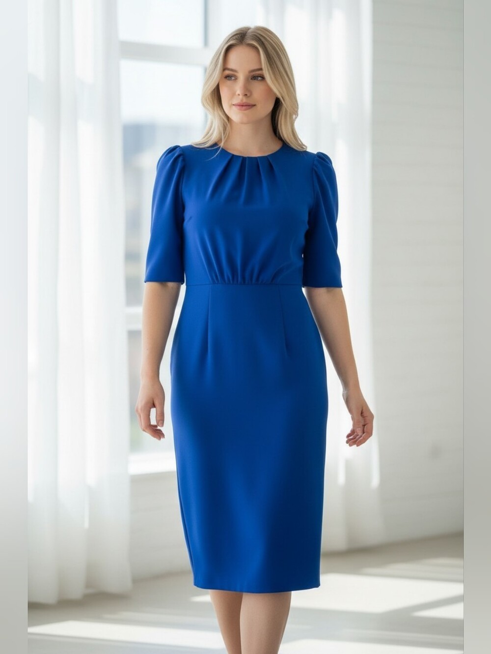 CALVIN KLEIN Puff Short Sleeve Cutout Back Sheath Dress In Regatta Sz 8 New $134